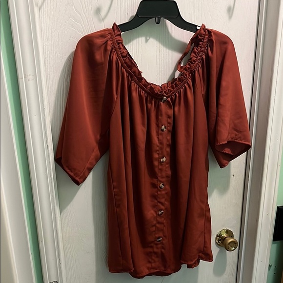 Brown Ruched Neckline Blouse with Relaxed Fit - Picture 1 of 8